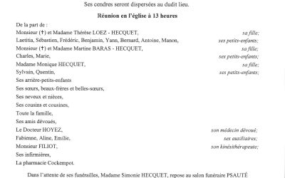 Madame Simonie DIEU Veuve de Monsieur Gilbert HECQUET